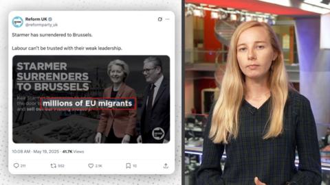 Split screen image: Right, a woman with blonde hair, BBC Verify presenter. Left, a screenshot of Reform UK twitter.