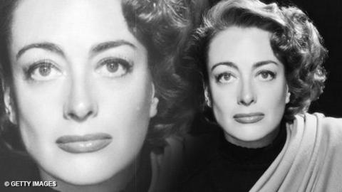 Black and white image of Joan Crawford.  Head and shoulders on the right of the frame, looking fown the lens, with clothing with clothing draped over her left shoulder.  On the left is a blown up close up of the same image.