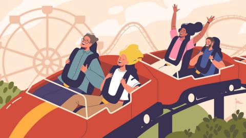 Cartoon people ride a rollercoaster