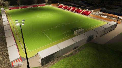 A computer generated image of a football pitch with a stand for supporters around each of the sides of the pitch. The image is set at night with flood lights in each corner of the pitch lighting it up