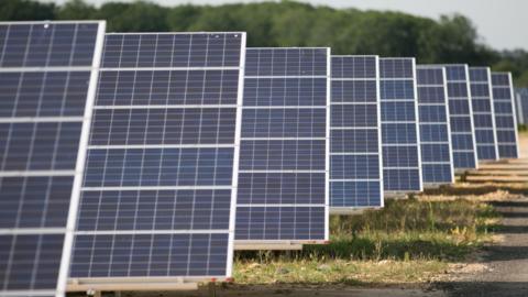 A row of solar panels in a field