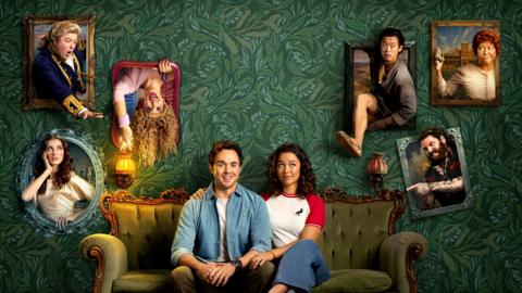 Artwork for Ghosts Australia, featuring couple sitting on sofa with character of ghosts around them