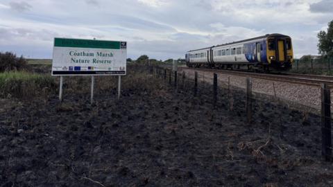 A train is passing close to a burned field with a sign reading 'Coatham Marsh Nature Reserve' standing in it.