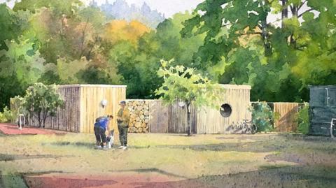 A watercolour-like illustration of what the sauna might look like. There are wood-clad buildings set among trees. Also shown is a man and a woman who is petting a dog.