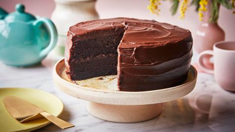 A large chocolate cake with a slide cut out of it. 