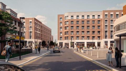 CGI image of five and six-storey red brick blocks