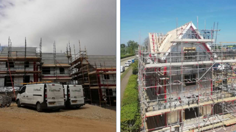 A composite image showing a houses being built. They are surrounded by scaffolding and there are two white vans parked at the site