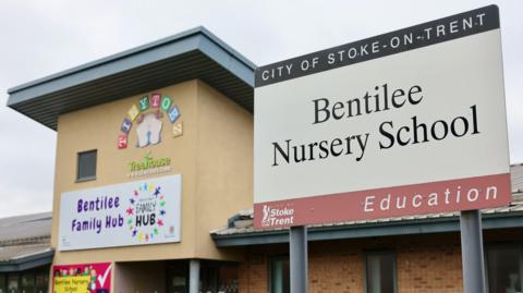 The front of the Bentilee Nursery School building with the sign close to us on the right.