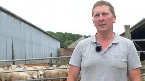 Richard Berry is looking serious as he stands in a farm yard with sheep behind him penned in by a metal fence. He is wearing a grey T-shirt and has a fluffy black microphone pinned to his collar. He has short brown hair.