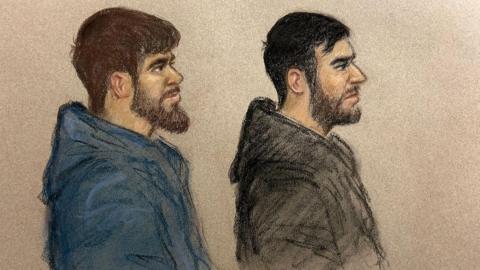 A court sketch of Alireza Farasati, 22, (left) and Nematollah Shahsavani, 40. Both are wearing hoodies and have beards and are facing looking to the right of the picture