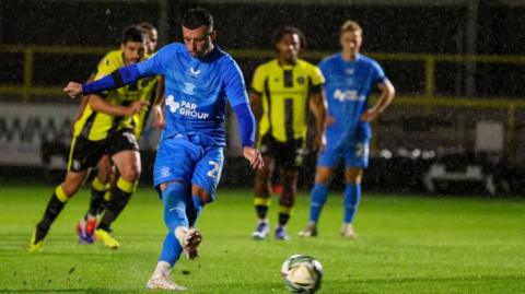 Preston North End's Sam Greenwood scores from the penalty spot during the Carabao Cup Second Round match between Harrogate Town and Preston North End