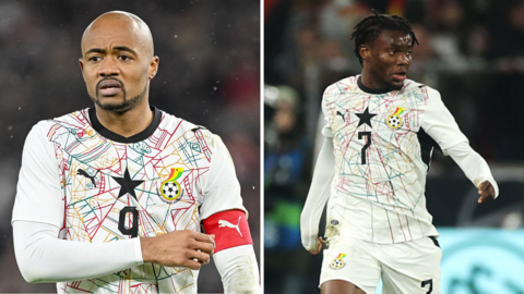 A side by side image of Jordan Ayew and Abdul Fatawu in action for Ghana wearing a white kit with a colourful spider's web design on the shirt with a black star in the middle