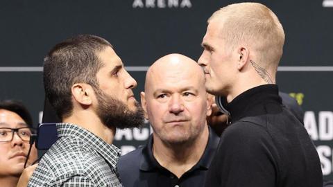 Islam Makhachev and Ian Machado Garry face off with Dana White standing in between them