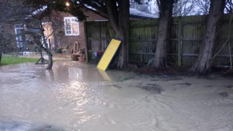 Sewage water in front of a property. There are also a number of trees and a fence.