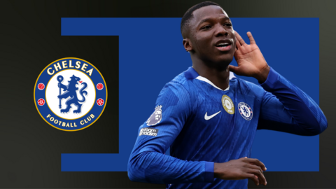 Moises Caicedo, wearing Chelsea's home shirt and cupping his hand to his ear after scoring a goal, against a blue and black background and next to the club crest