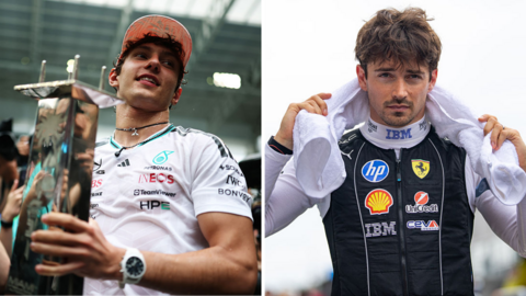 A split image of Kimi Antonelli and Charles Leclerc 