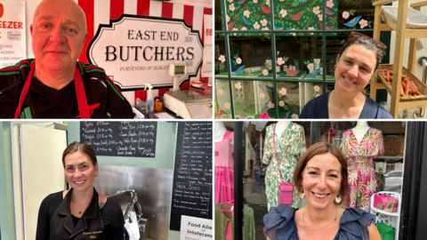 In the top left is a man wearing a black Arsenal FC top with a red apron, behind him is a sign that says East End Butchers. In the top right is a woman wearing a blue top with sunglasses on her head, she is standing in front of a shop window with flower decals. In the bottom left is a woman wearing a black top and black apron, she is standing in front of chalkboards with items and prices written on. In the bottom right is a woman with a blue top, she is standing in front of a shop window with mannequins wearing bright clothing.