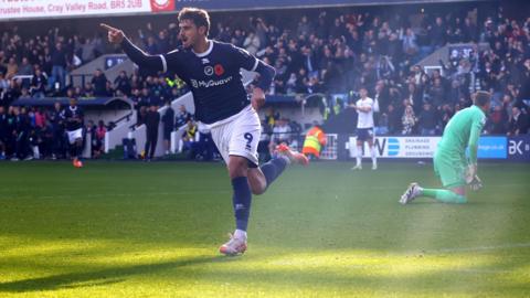 Millwall's Mihailo Ivanovic running away to celebrate his goal against Preston