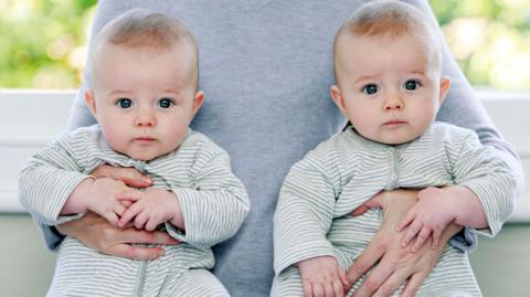 Two babies in green and white striped baby-grows. An adult is carrying them under either arm.