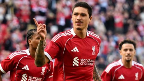 Darwin Nunez celebrating scoring a goal for Liverpool against Athletic Bilbao