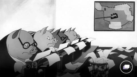 A black and white animated picture of pigs sat typing. 