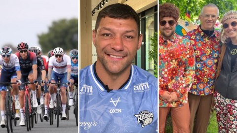 Three side by side images; on the left, a group of cyclists, in the middle a man with short brown hair and stubble wears a light blue sports shirt, on the right, a group of people dressed in hippy-style fancy dress.