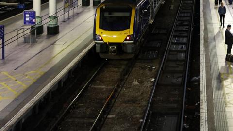 Manchester piccadilly station platform pictured up close.