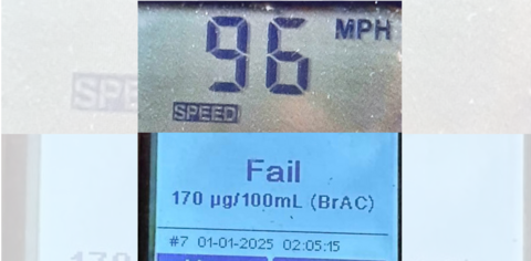 A composite image of a reading on a digital display showing 96 MPH in the speed section and 'Fail' underneath with the wording "170 ug/100ml (BRAC)"