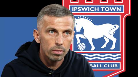 A graphic of Gary O'Neil in front of a blues and black background and the Ipswich Town club badge
