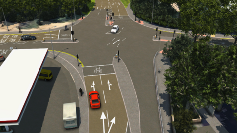 A computer generated imagery of a major highway junction. 