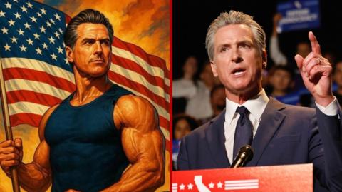 Split screen image showing an AI-generated photo of Gavin Newsom holding an American flag on the left and a photo of him speaking behind a podium on the right.