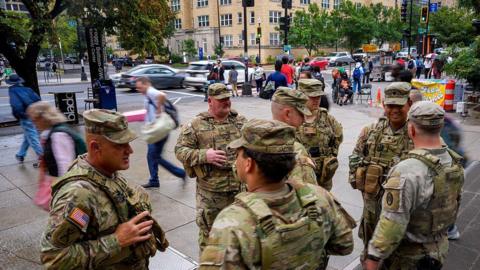 South Carolina National Guard troops standing on a street corner in Washington DC.  