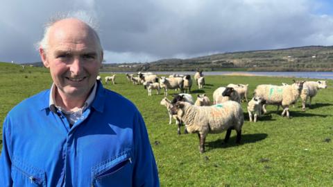 A man in blue overalls stands in a field. His hair is grey and standing up due to the wind he is smiling widely. In the field behind him is a herd of sheep. Further beyond is a body of water and a hill across the water. It's a sunny bright day, with some clouds in the sky and lush green grass in the field. 