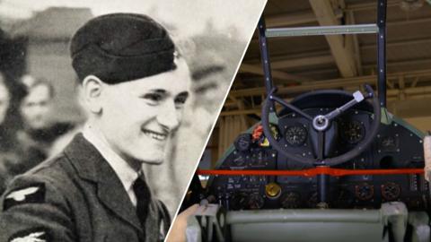 Image of a WW2 bomber jet in a museum (right) and VC medallist John Hannah