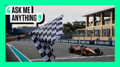 McLaren's British driver Lando Norris crosses the finish line to finish second in the 2025 Miami Formula One Grand Prix 