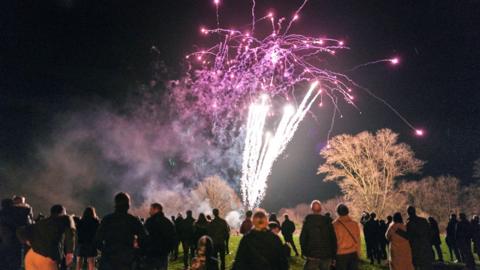 Crowds of people watch a fireworks display