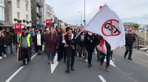 A crowd walking towards the camera as a man in a hat brandishes a flag with a the letters GST and a red strikethrough. 