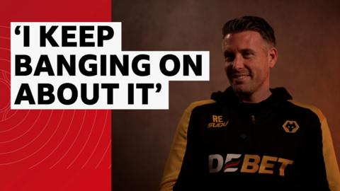 Wolves manager Rob Edwards smiles next to the caption, ' I keep banging on about it'.