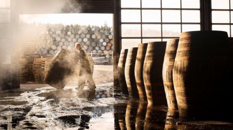A man moves a whisky barrel in a warehouse. There are dozens of barrels in the background (outside of the warehouse). Inside the warehouse there are six large barrels. 