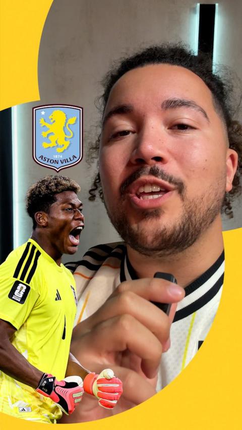 BBC reporter next to a cutout of Zion Suzuki and an Aston Villa badge