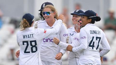 Sophie Ecclestone celebrates a wicket for England against Australia during the 2023 Ashes Test