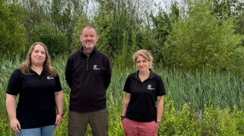 Jennifer Kril, Living Rivers Officer at Derbyshire Wildlife Trust with Nottinghamshire Wildlife Trust’s Ian Higginson, Ryton NFM Project Manager with team member Lena Olley NFM Ryton Project Officer.