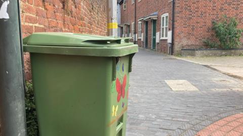 A photo showing a green wheelie bin next to a red brick wall and grey lamp post. In the background are the front of a number of houses in Tewkesbury