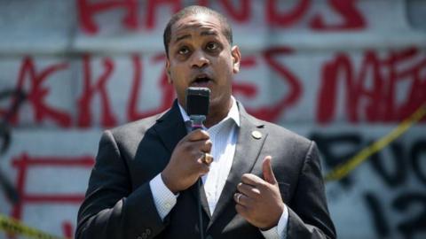 Justin Fairfax speaks at a gathering in 2020