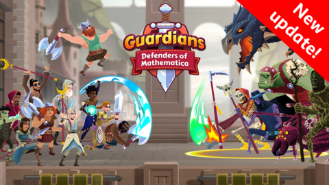 All the characters from the game fighting with the text reading Guardians: Defenders of Mathematica
