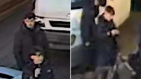 Two CCTV images of young men dressed in black clothing, the picture are quite out of focus