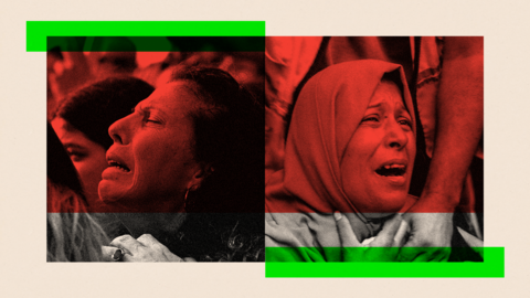 Two women, their faces etched in grief