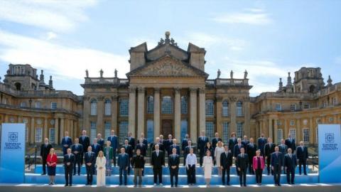 Britain's Prime Minister Keir Starmer poses for a family photo with Europe's leaders at the European Political Community Summit at Blenheim Palace