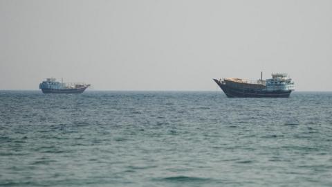 Vessels at the Strait of Hormuz, as seen from Musandam,Oman, July 12, 2026.