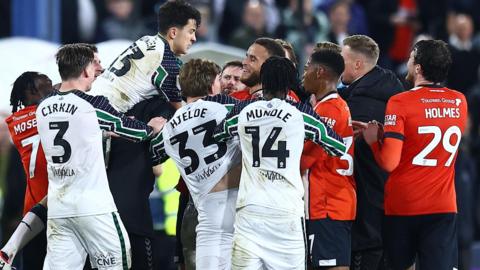 Players from Luton and Sunderland involved in a confrontation following their Championship game at Kenilworth Road.